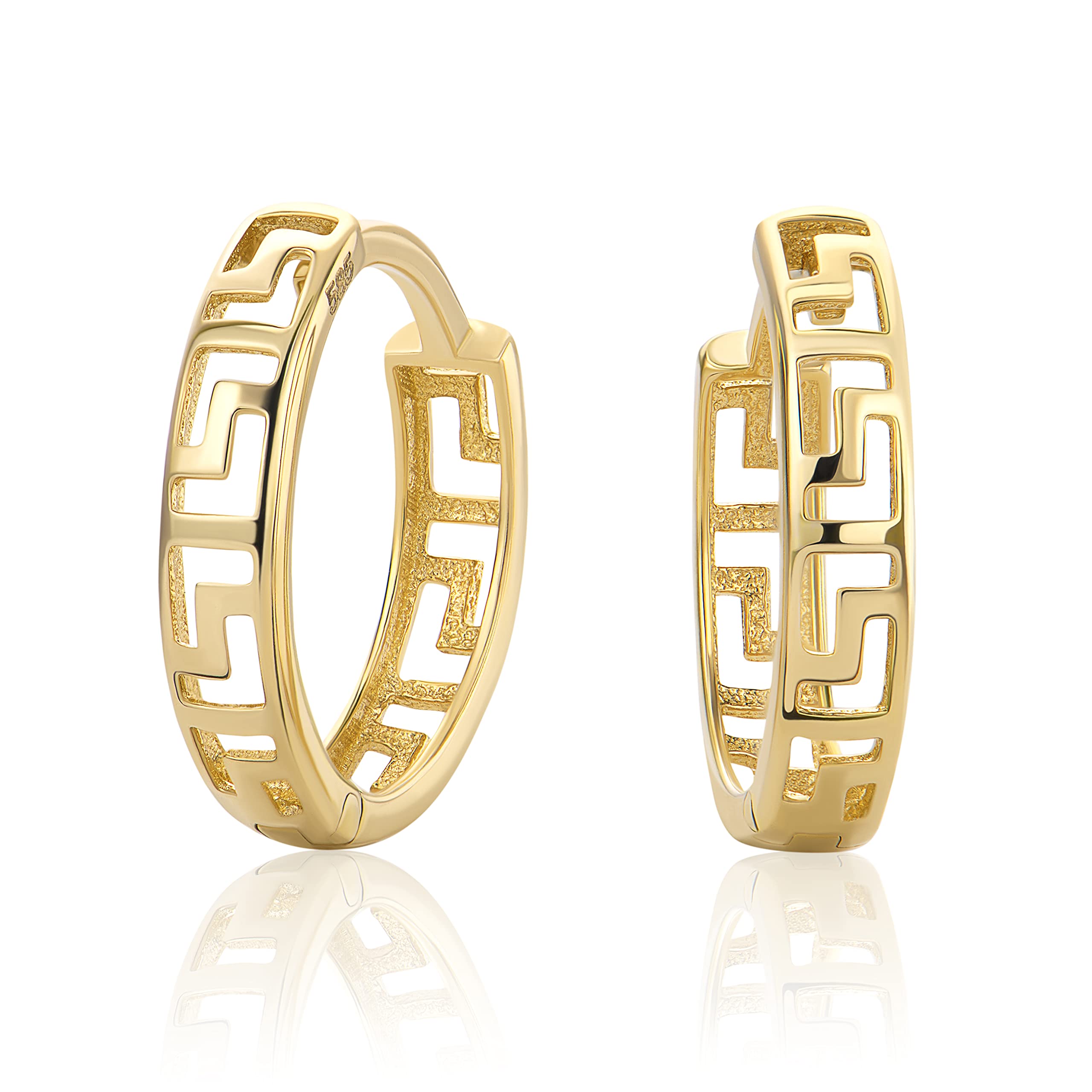 Pequeña llave griega pendientes de aro de oro amarillo de 14 quilates 585 pendientes H-166