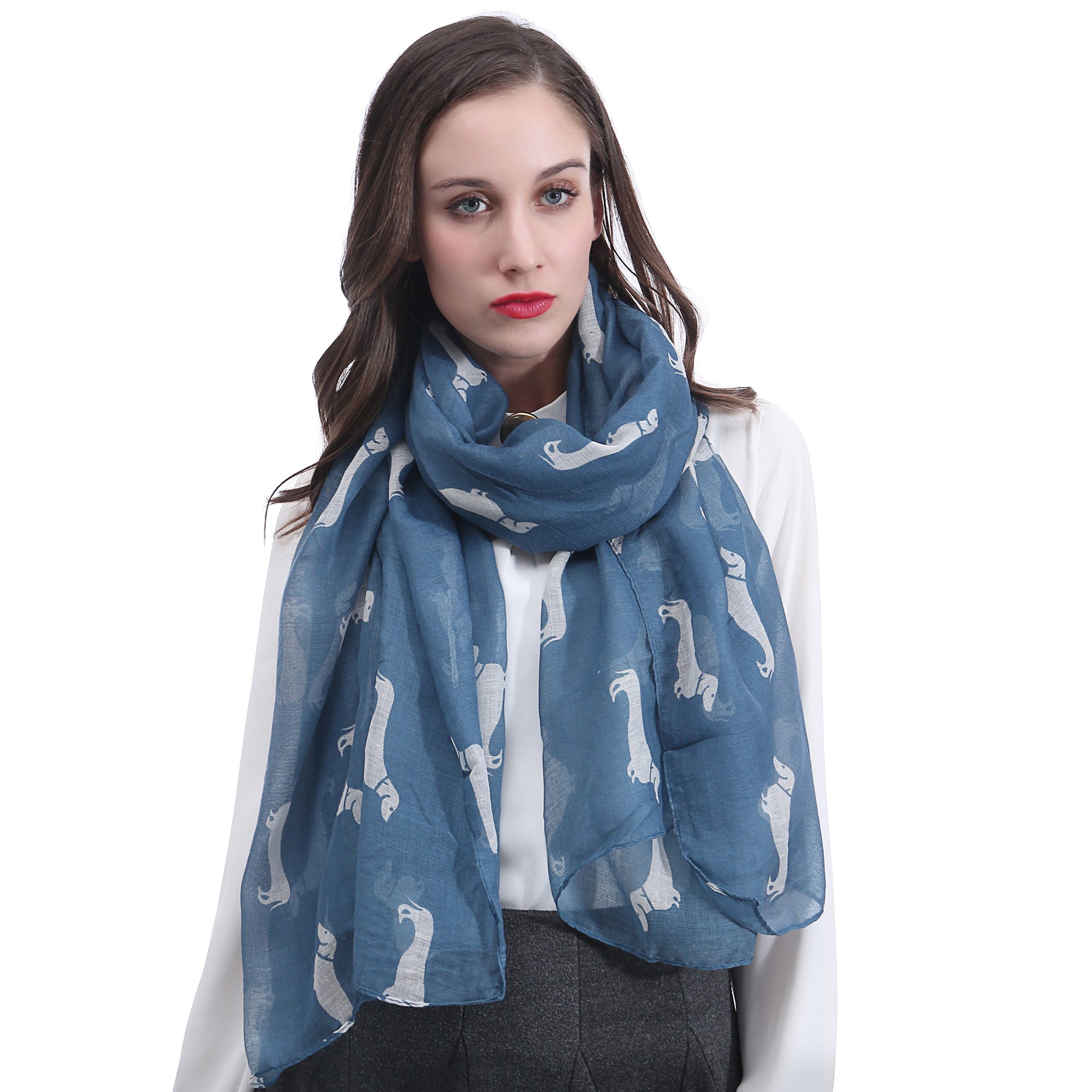 Lina & Lily Dachshund Sausage Dog Print Women's Scarf Shawl Wrap Lightweight (Jean Blue)