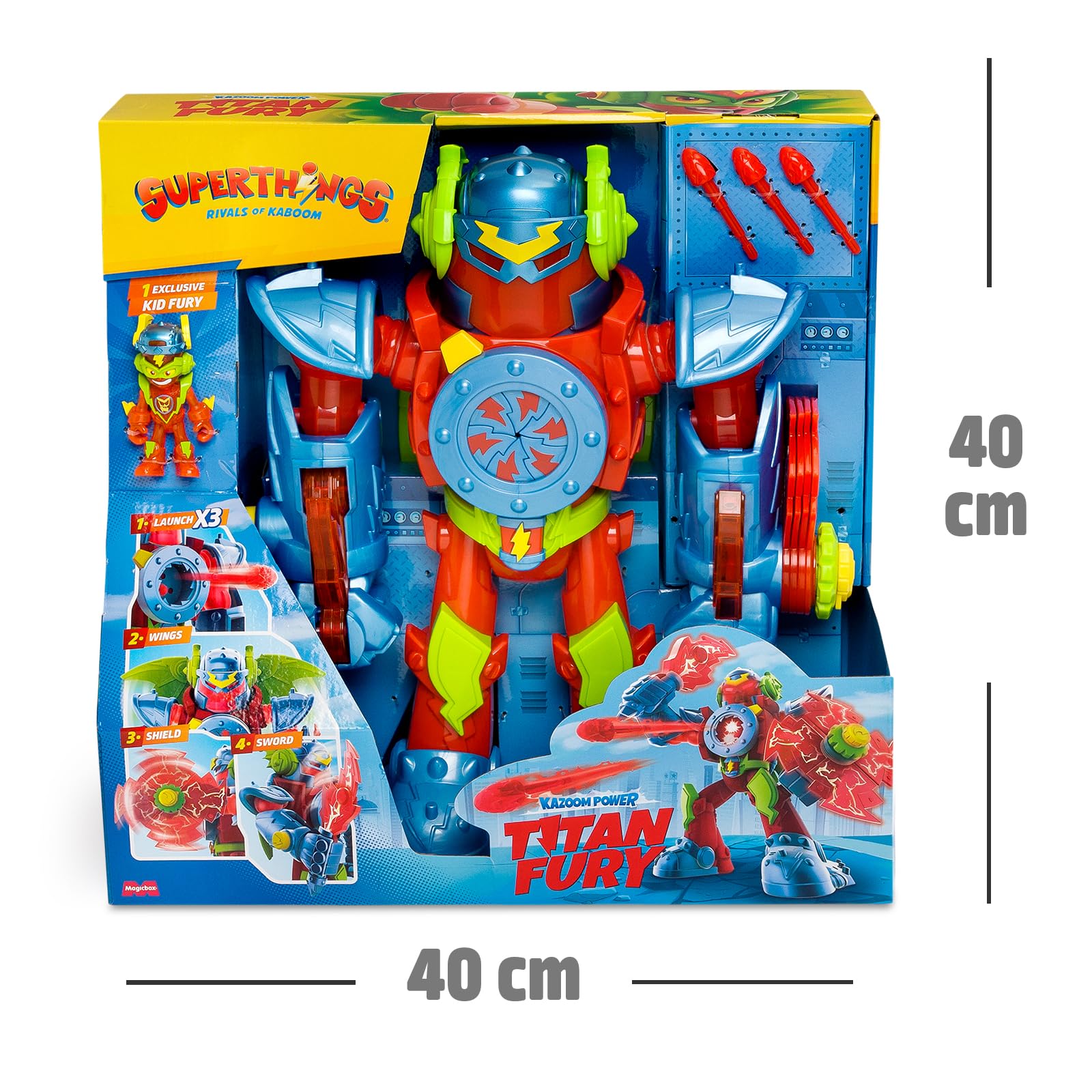SUPERTHINGS KAZOOM Power–Titan Fury.Robot Titan Fury de Kid Fury de la Serie de TV “Superthings Kazoom Power”.con Espada,Escudo,alas y Disparador. Contiene Robot,Kid Fury Exclusivo y 3 Proyectiles