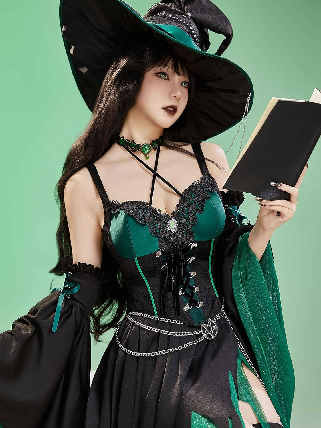 miccostumes Women's Costume Witch Cosplay Gothic Halter Top and Irregular Skirt with Sleeves and Hat Halloween