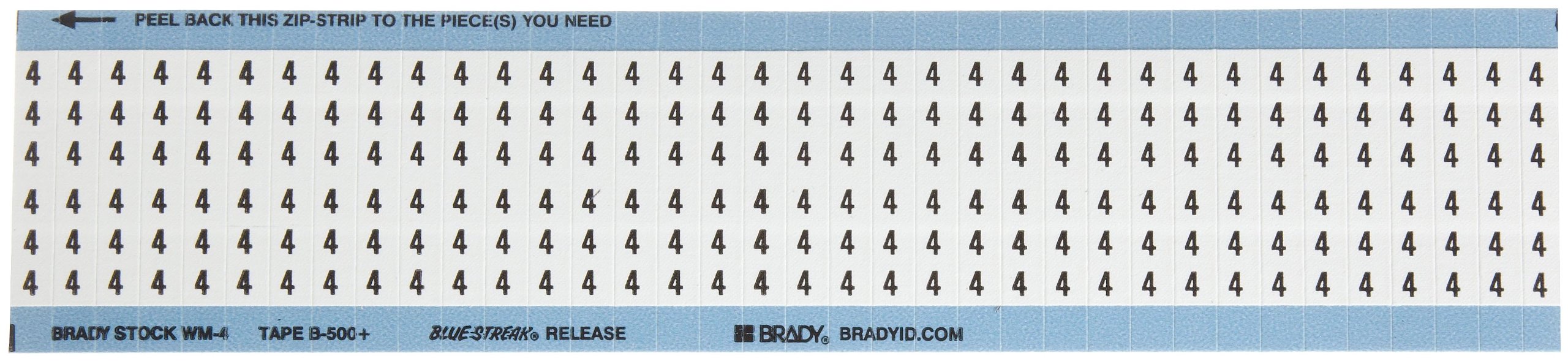 Brady WM-4-PK B-500 1.5" Length, Repositionable Vinyl Cloth Black On White Color Solid Numbers Wire Marker Card, Legend "4" (Pack Of 25)