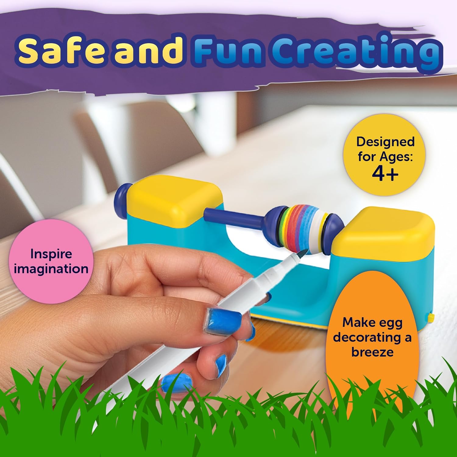 MindWare Eggmagic Decorator Easter Egg Coloring Kit, Automatic 360 Egg Spinner with Food Safe Markers for Creative Egg Decorating, Includes 8 Markers, Kids Ages 4+, Easter Gift for Kids