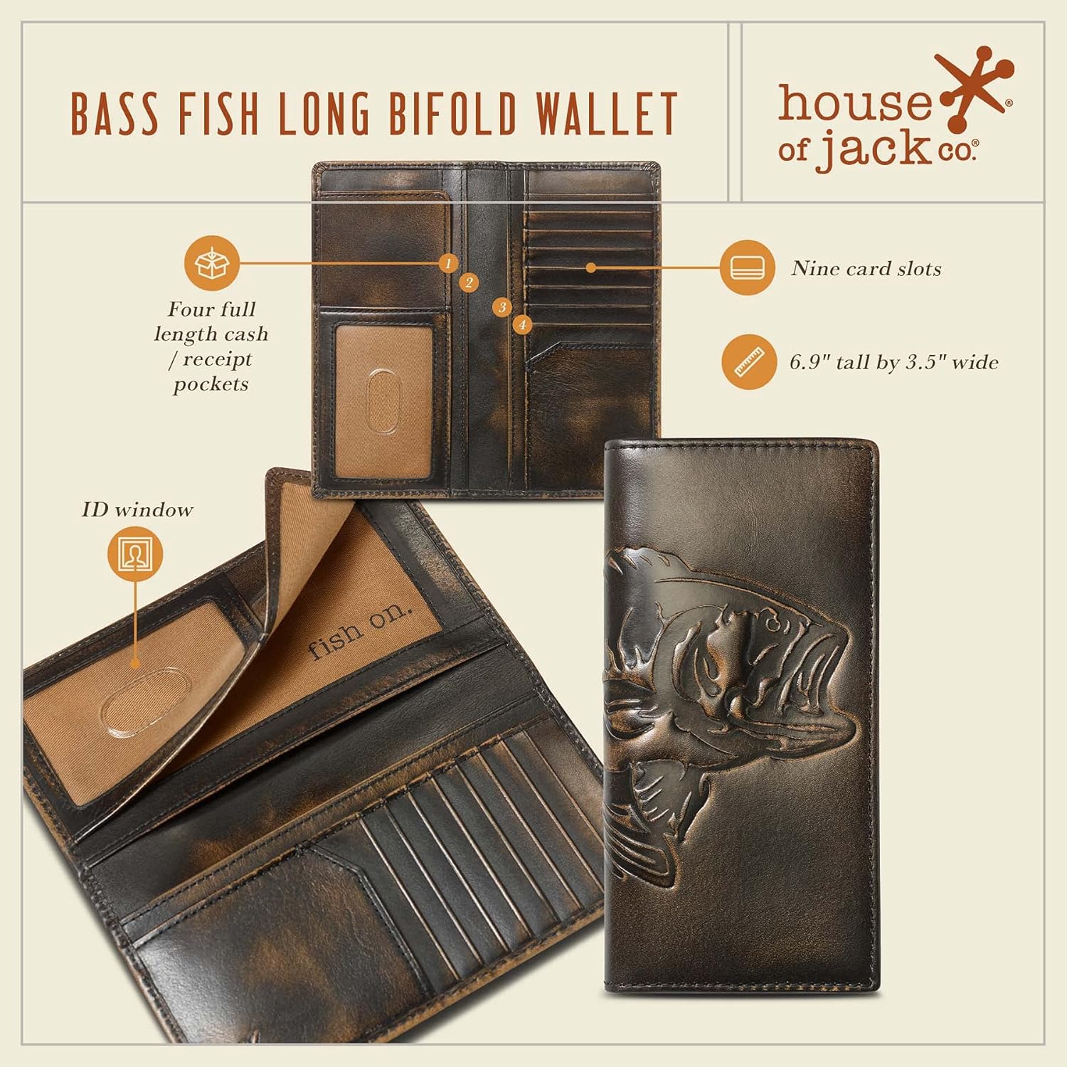 House of Jack Co. Bass Fish Long Bifold Wallet for Men, Full Grain Cowhide Leather Rodeo Wallet, Fishing & Outdoorsman Tall Wallet, Black - Image 4