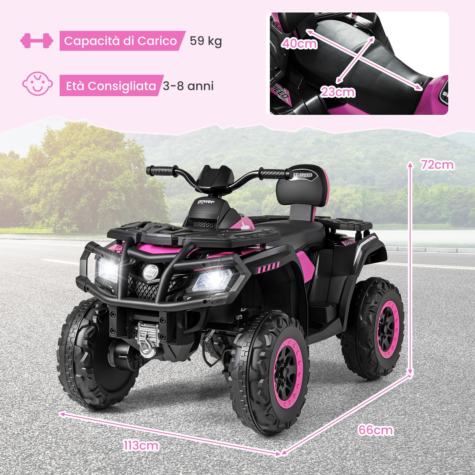 COSTWAY 24V Quad Elettrico per Bambini a 2 Posti, Macchina Elettrica per Bambini 3-8 Anni con 4 Motori, 4 Ruote Antiusura, Luci LED e Musica, Avvio Morbido e 2 Velocità Regolabili, 3-8 km/h (Rosa)