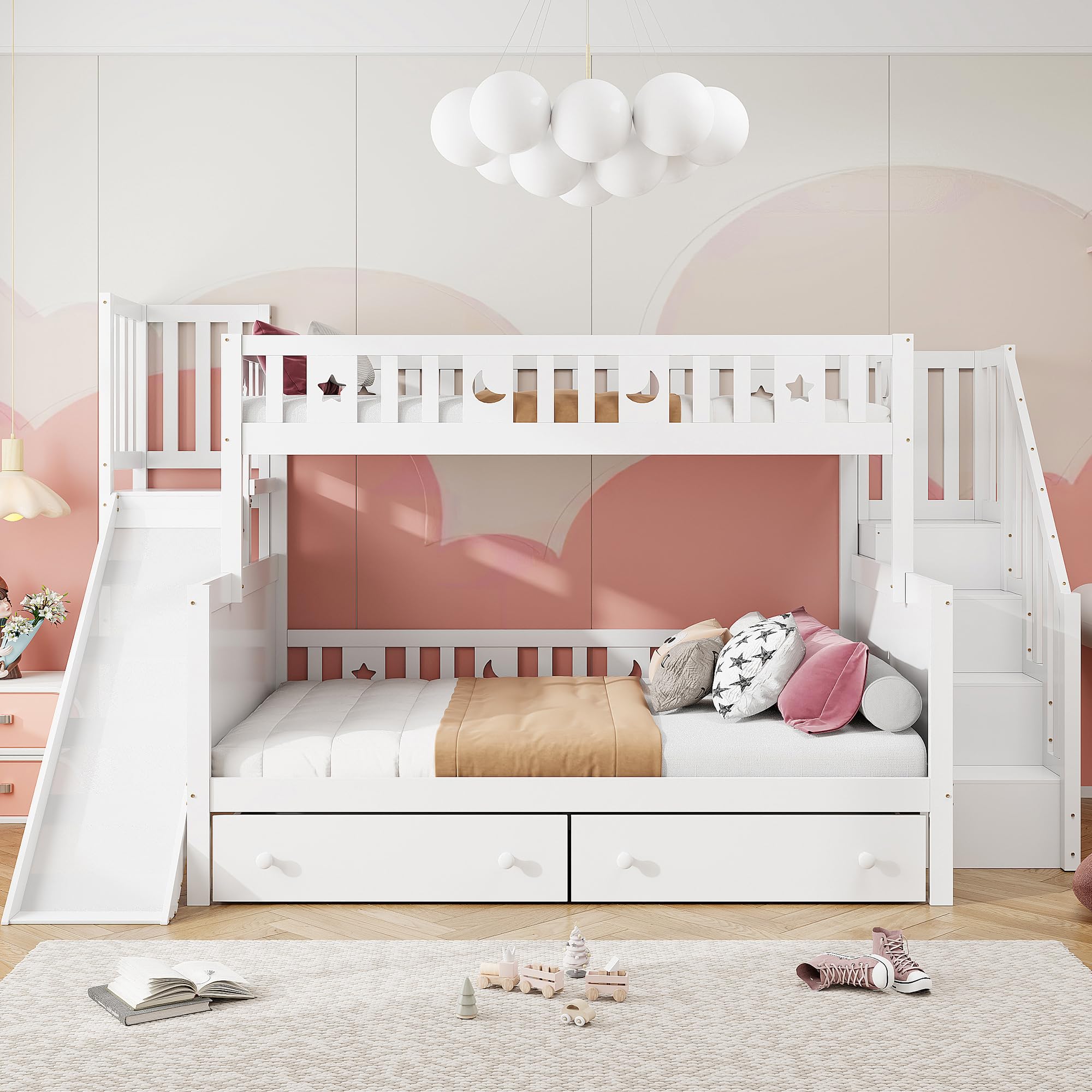 Mrwoo Kinderbett 140x200 cm, Etagenbett mit Rutsche, Stauraumbett mit 2 Schubladen und Offenem Stauraum, Rausfallschutz Geländer, MDF+Kiefernholzl+Sperrholz (Ohne Matratze) (Weiß - A - Schubladen)