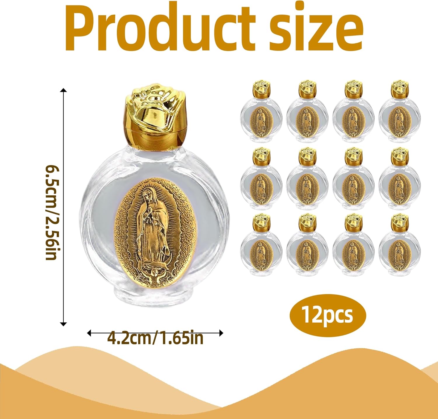 12 Pcs Catholic Holy Water Bottles 0.5 Floz Embossed Glass Holy Water Bottle with Toned Cap and Toned Depiction Communion Gifts for Family Church,Portable Favors Spiritual(Gold,Our Lady of Guadalupe)