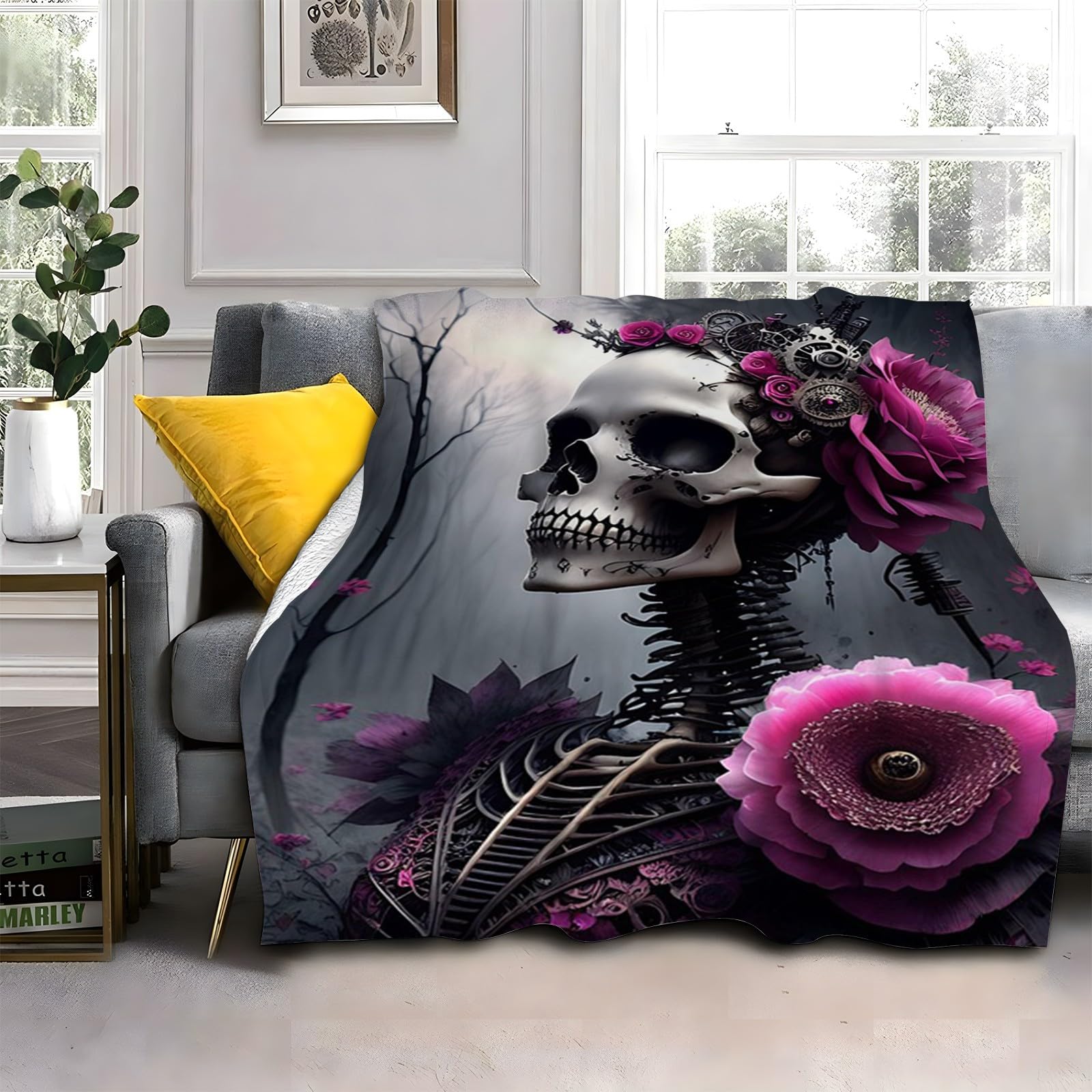LLSZAHD Skeleton Blanket Pink Rose Lightweight Washable Breathable Throws Blankets 40"x50", Single Size Fluffy Blanket Suitable for Kids Adults - All Seasons (101x128cm)