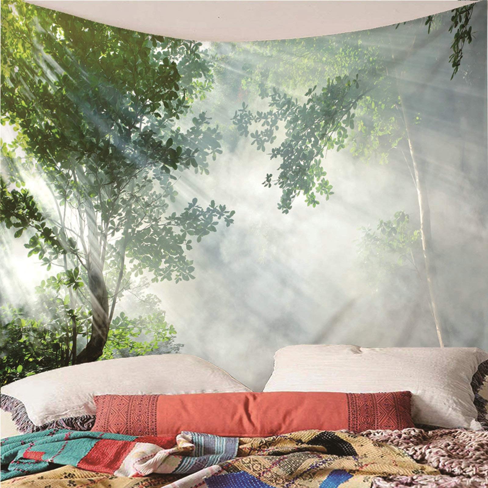KnSam Tapestry, Tapestry Wall Hanging Living Room Home Decorations Made of Polyester Sunlight Fog Forest Green 200 x 200 cm Tapestries - Image 3
