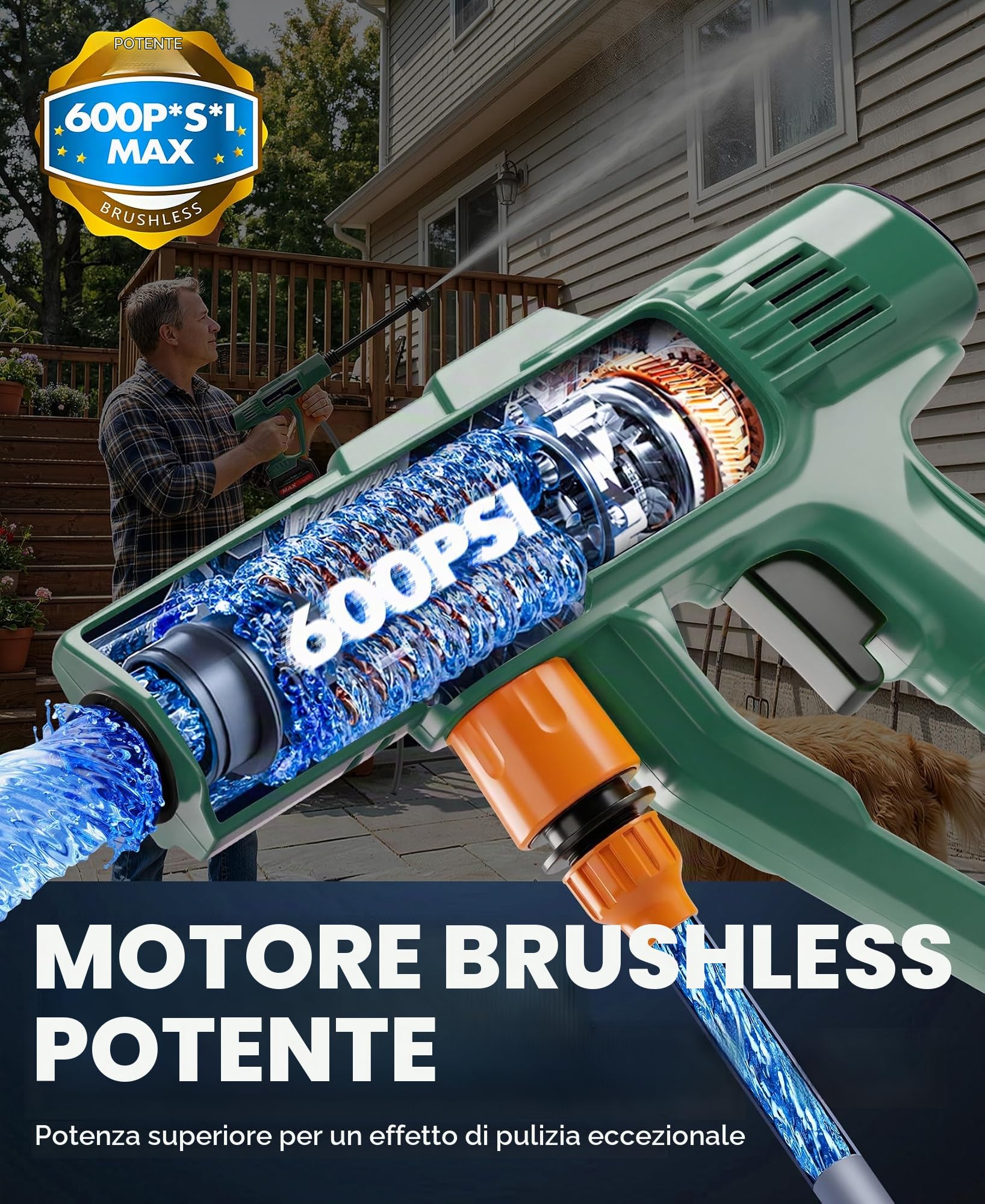 DeeprBetter Pistola Idropulitrice Portatile a Batteria Senza Fili, 600PSI | Portatile Pulivapor a Batteria Ricaricabile,Pistola Idropulitrice Senza Fili Professionale con Ugello Regolabile 6-in-1,Verde