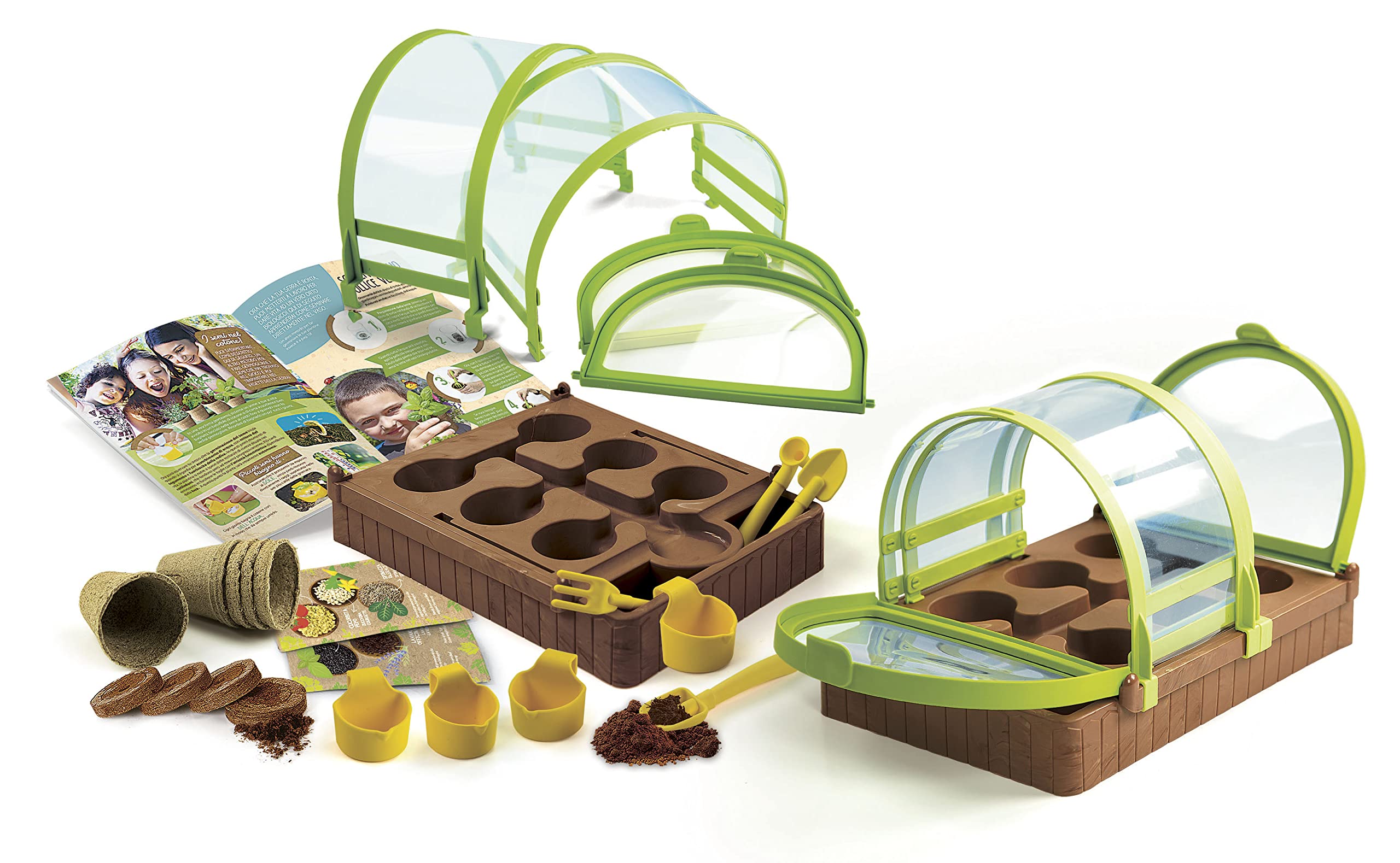 Clementoni - Science & Game – Il mio giardino sotto serra – Design moderno – Segreti della coltivazione biologica – Set completo di attrezzi e vasi speciali – per bambini dai 7 anni in su, 30 x 20 x