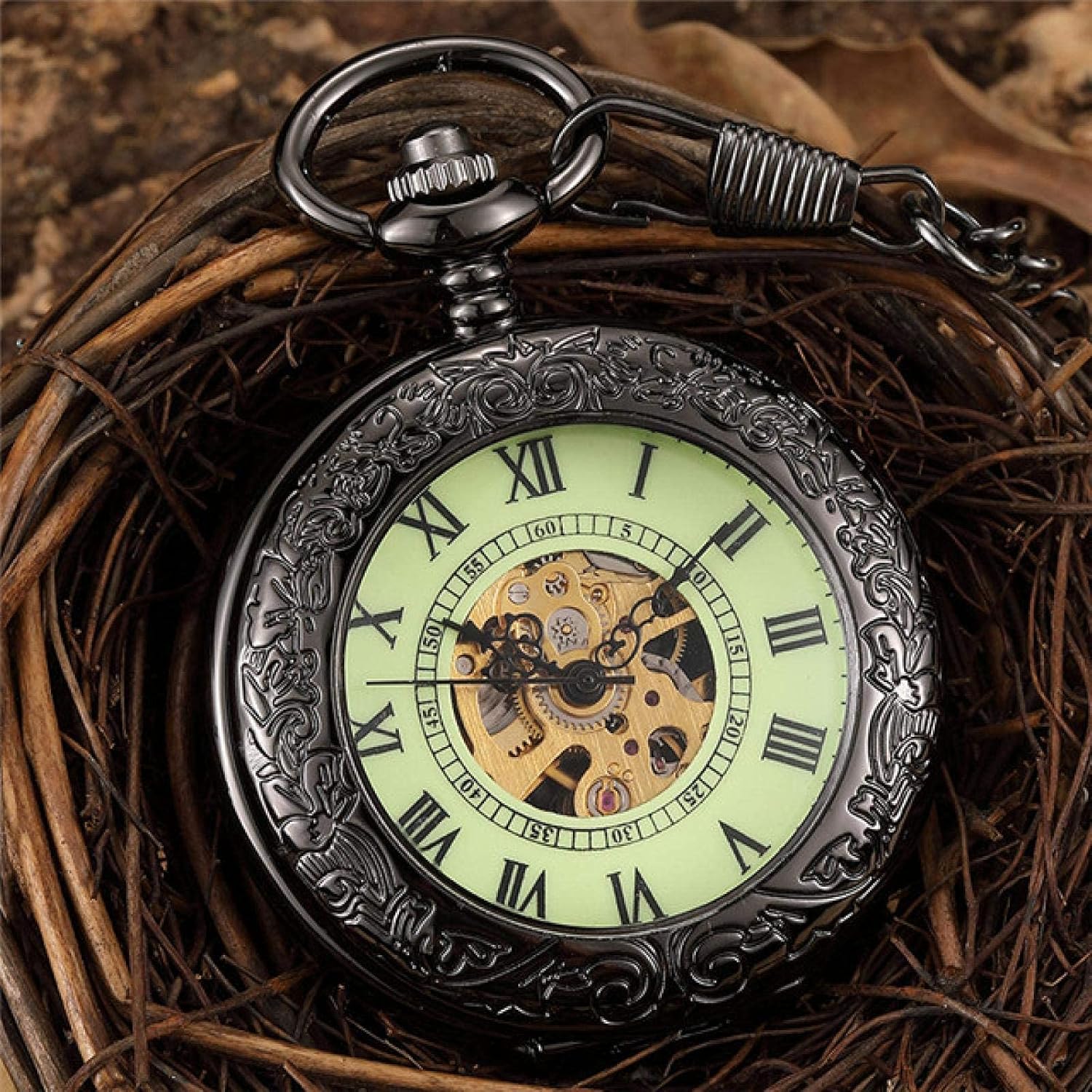 Men's Pocket Watch, Pocket Watch, Retro Black Hollow Mechanical Pocket Watch Waist Chain Luminous Roman Dial Pointer Wind Mechanical Watch Black2
