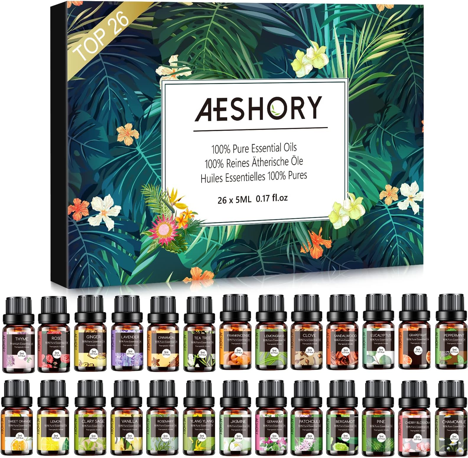 Essential Oils Set - 26x5ml Pure Aromatherapy Essential Oils Kit for Diffuser, Massage, Skin & Hair Care, Candle Making - Lavender, Tea Tree, Eucalyptus, Sandalwood, Peppermint, Rosemary, Lemongrass