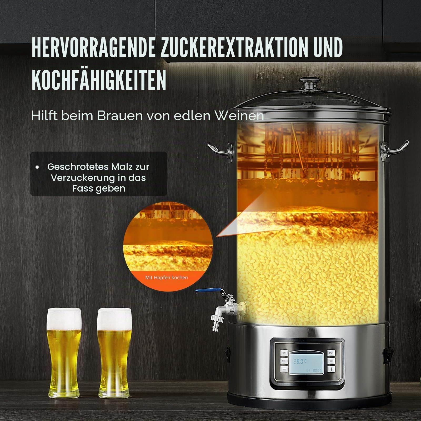 VEVOR Edelstahl Bierbrauanlage Wasserkocher 35 L, Wasserkocher zum Brauen, Heimbrauzubehör für Bier, Bierbraugerät Set inkl. Glasdeckel, Griff, Zapfhahn, Elektronische Bedienblende Gewerblich