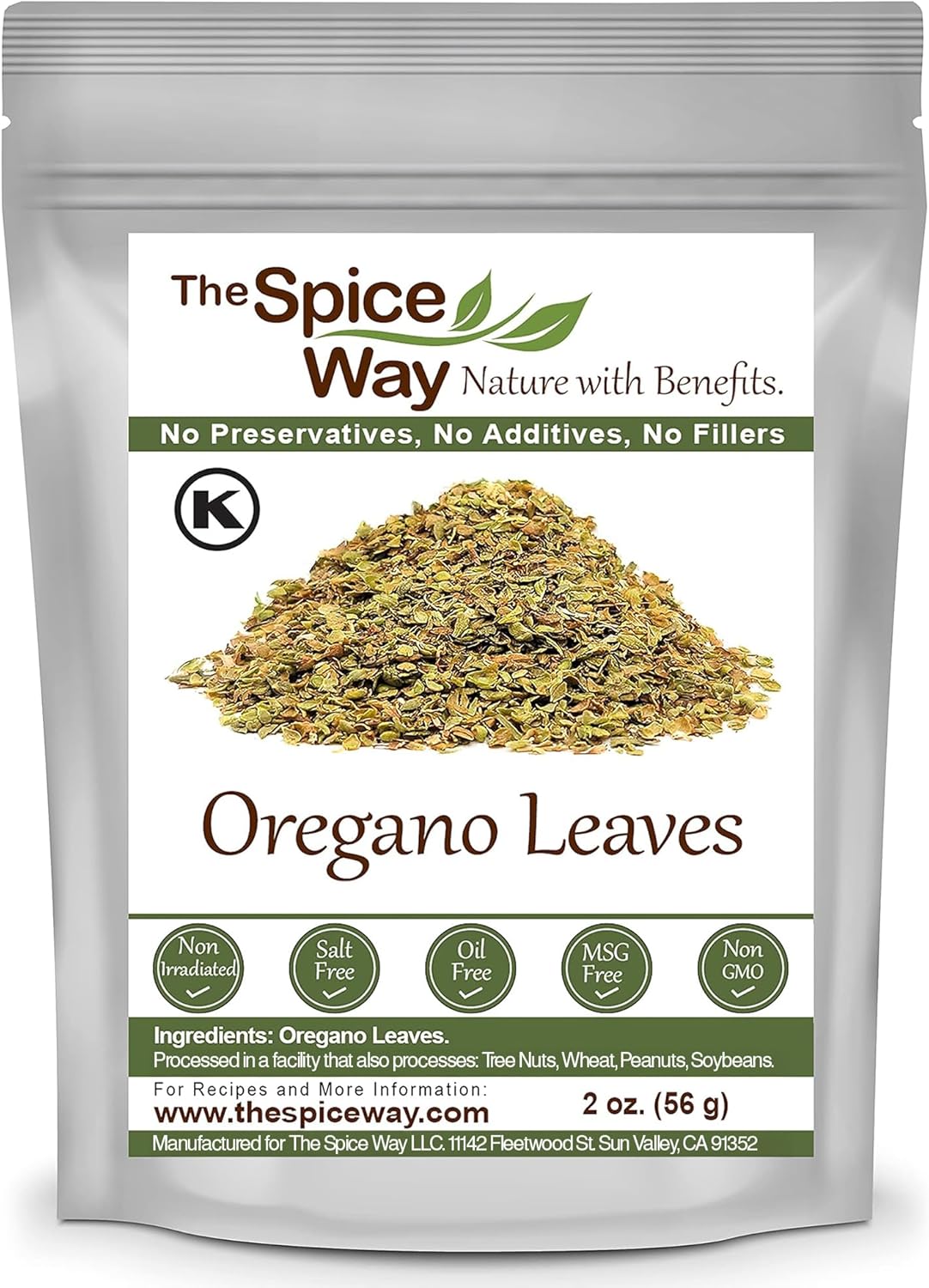 The Spice Way Premium Dried Oregano Leaves 2oz - Pure Non-GMO Oregano Herb, No Additives, Fresh Pungent Flavor for Cooking
