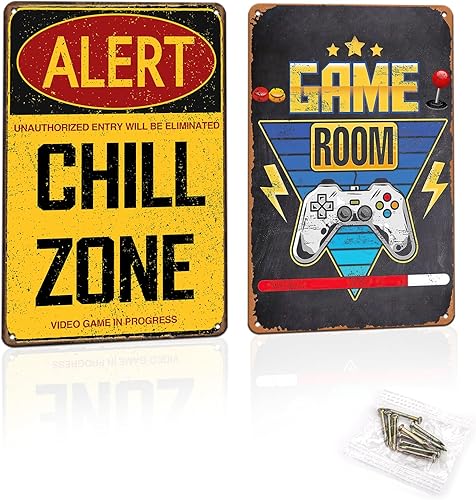 GTOTd Letrero de metal para decoración de sala de juegos, paquete de 2 carteles de 8 x 12 pulgadas (con 10 clavos de pared) para decoración de sala