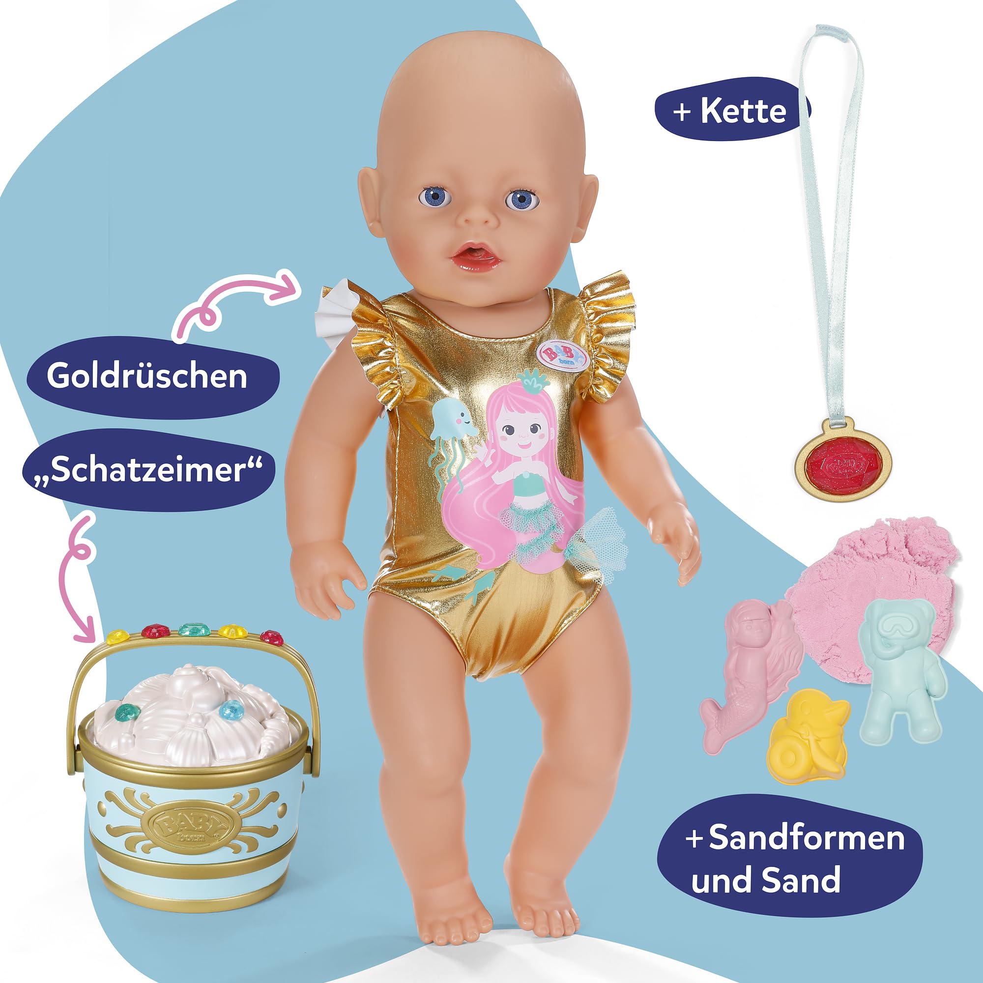 BABY Born Strandüberraschung Set mit Badeanzug im Meerjungfrauen-Print, Sandförmchen, formbarem Sand, Eimer und 5 Überraschungen für 43cm Puppen