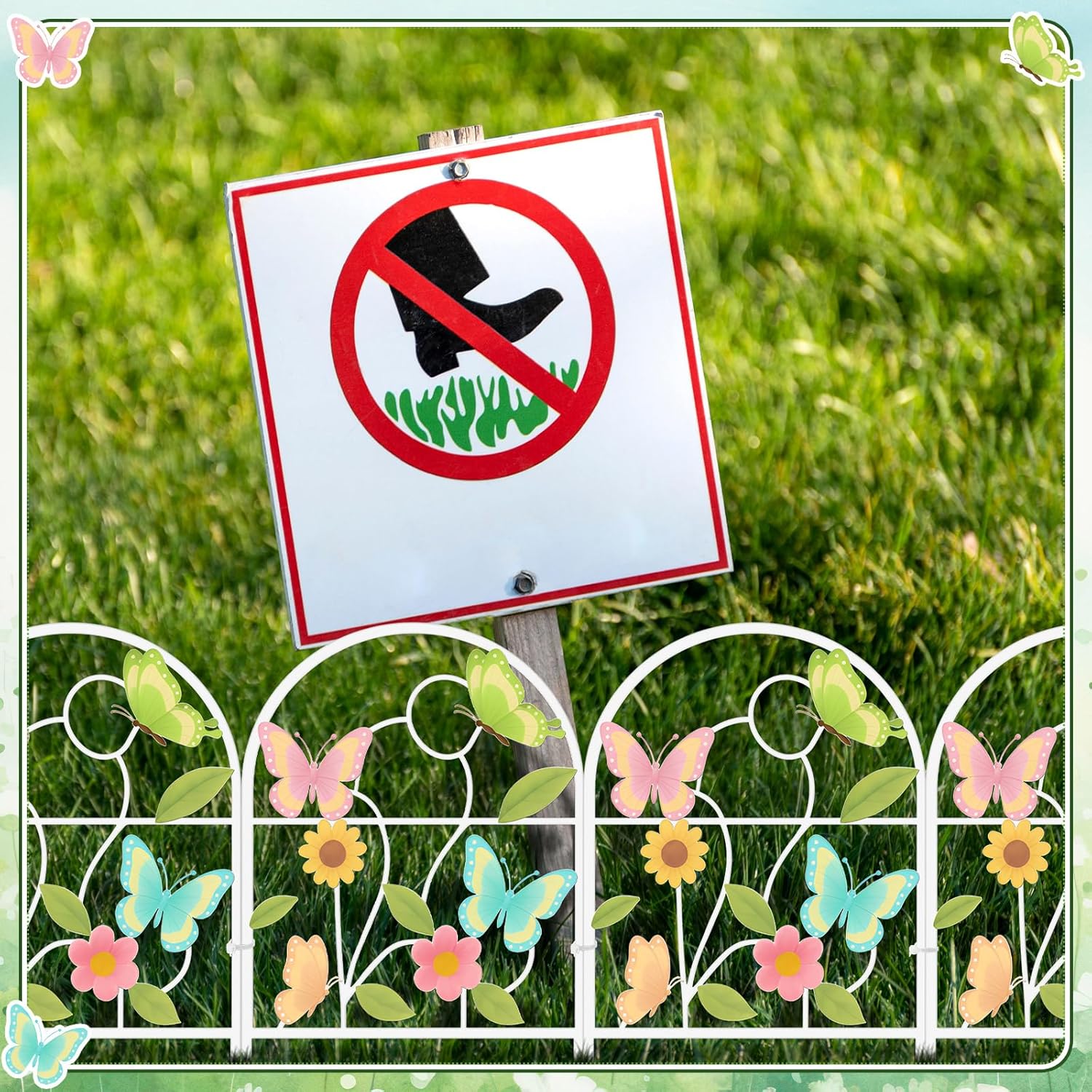 6 Pack Pastel Butterfly Decorative Garden Fence 16.5''h x 11.8''w Animal Barrier Border Butterfly Flower Design Metal Arch Fence Panel for Spring Outdoor Patio Yard Landscape Decoration