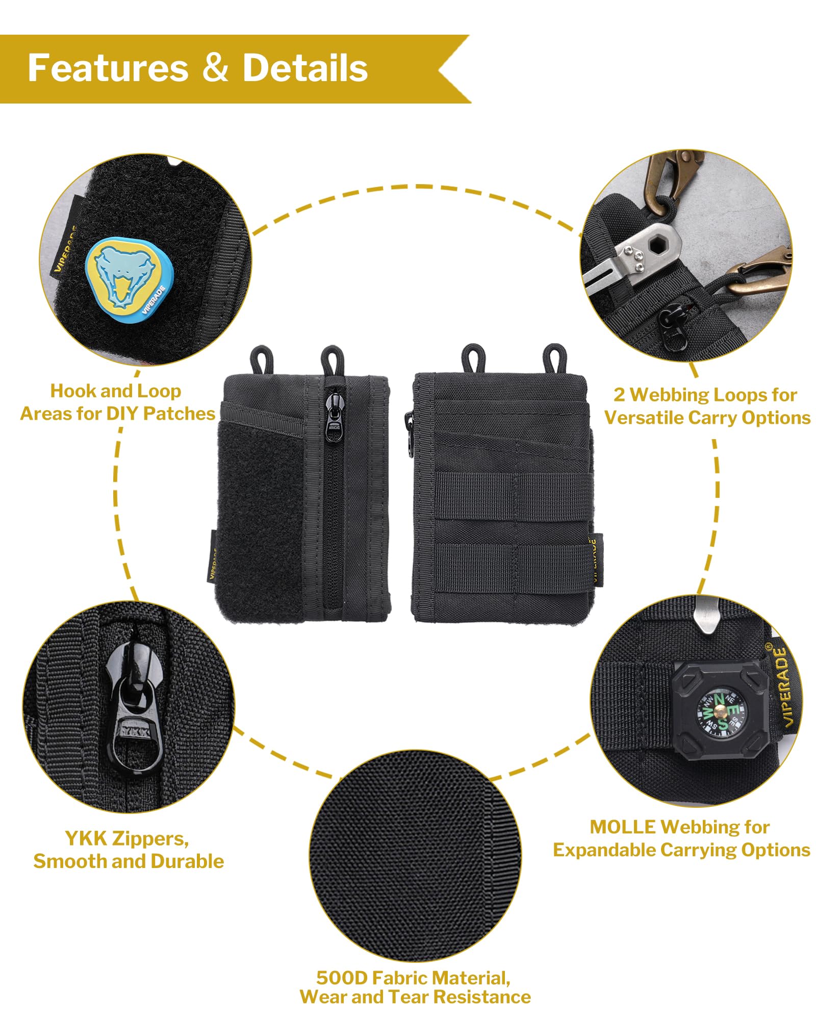 VIPERADE VE18-M EDC - Bolsa de bolsillo, organizador delgado EDC con 3 ranuras EDC + 2 bolsillos con cremallera, 1 bolsillo grande para cuaderno o teléfono celular, bolsa EDC para hombre