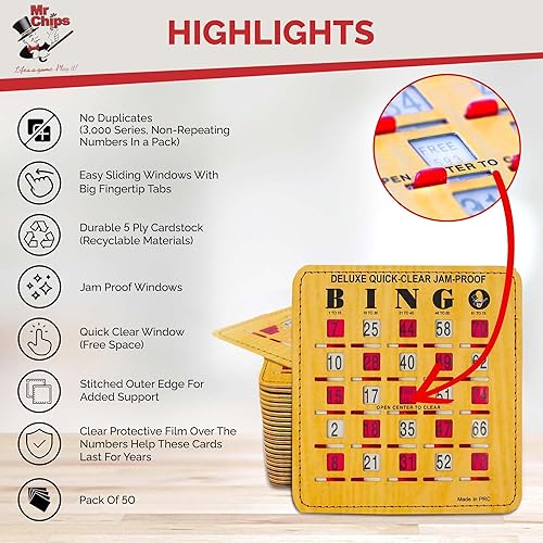 Miniatura 3 de MR CHIPS Quick Clear 50 tarjetas de bingo a prueba de atascos con ventanas deslizantes y tablero maestro