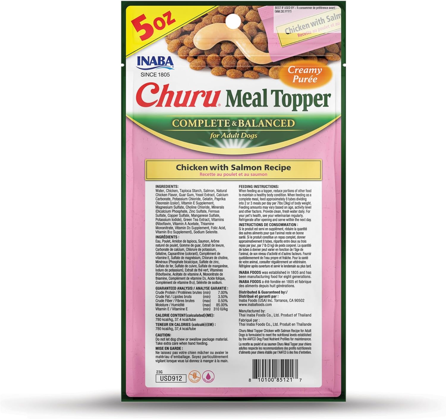 INABA Churu Meal Topper for Dogs, Complete & Balanced, Creamy, Lickable Purée Dog Food Toppers, 1.69 Ounce Tube, 18 Tubes (3 per Pack), Chicken with Salmon Recipe