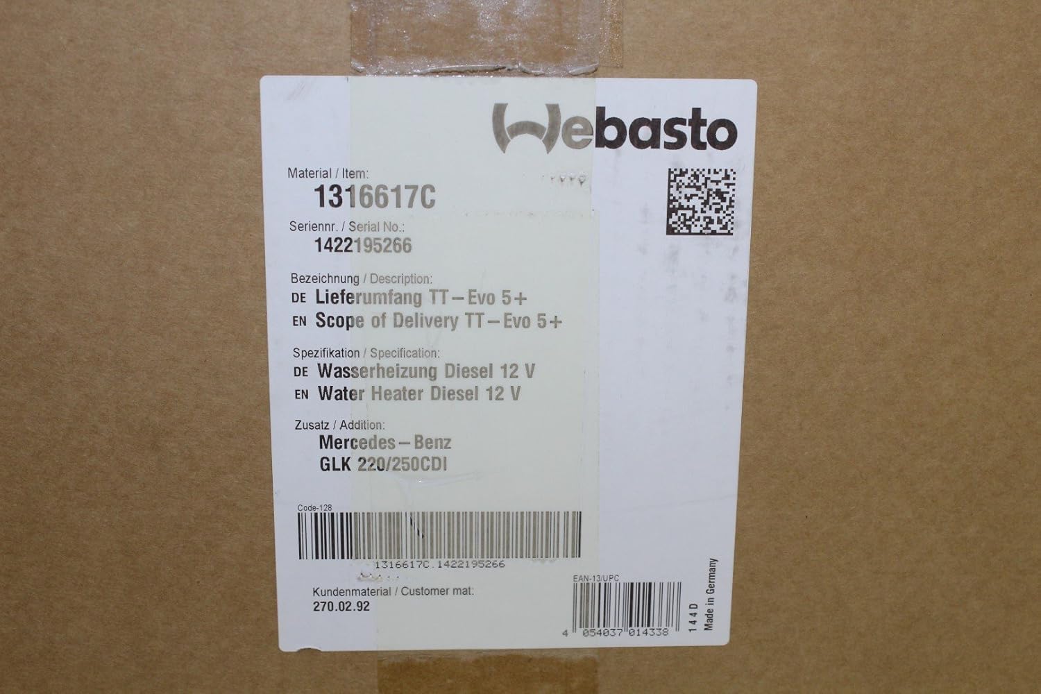 Webasto product box label with part number 1316617C and serial number