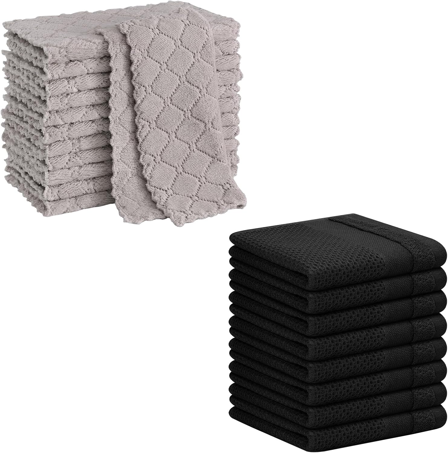 Homaxy 12 Pack Kitchen Dish Cloths (10 x 10 Inches, Grey) and 100% Cotton Dish Cloths, 8 Pack - 12 x 12 Inches, Waffle Weave Super Soft and Absorbent Dish Towels