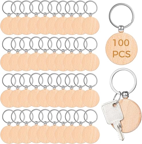 Llavero de madera en blanco, 50 llaveros de madera en blanco para manualidades personalizadas, llaveros redondos de madera en blanco para llaveros