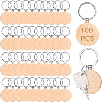 100Pcs Wooden Keychain Blanks,Round Wood Tags Finely Polished, Blank Wood Keyrings for Personalized DIY Crafts, Christmas Pendants, Wall Hangings, Bag Decorations, Pet Tags