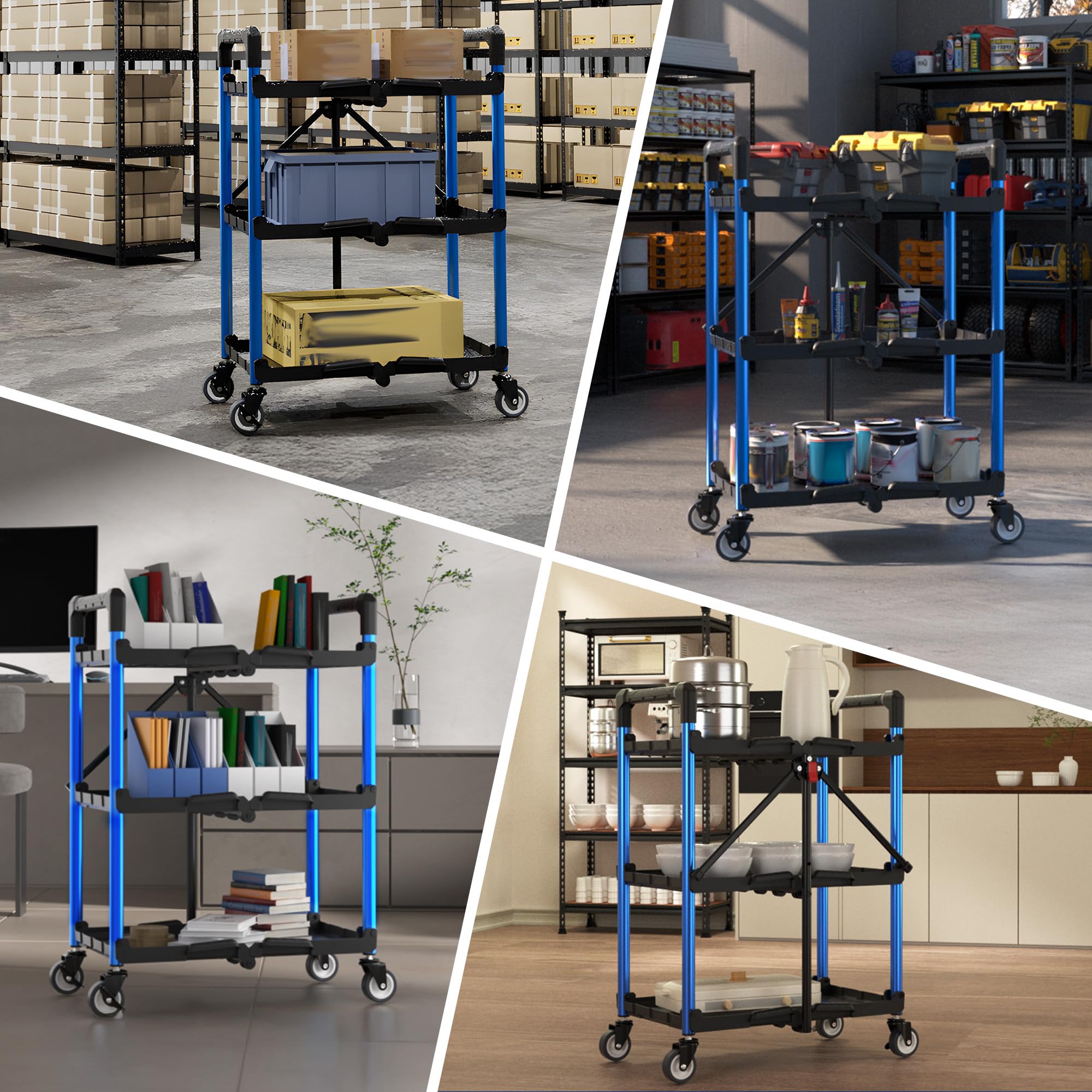 WORKPRO Carrello Pieghevole con Ruote a 3 Strati, Carrello Porta Attrezzi Multifunzione con 4 Ruote (2 con Freno) Carico di 32 kg, Ideale per Garage, Magazzini, Uffici(Non Necessita di Installazione)