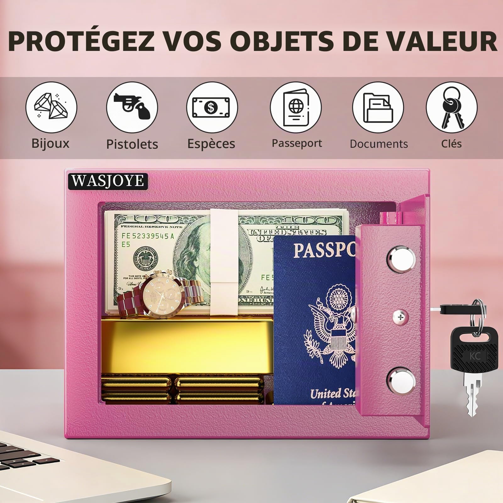 WASJOYE Mini Coffre Fort Domestique,17 * 23 * 17cm Coffre Fort Serrure à clé de Sécurité -Rosa Petit Coffre Fort pour la maison, L'argent, de Documents, de bijoux, de passeports 6.6L