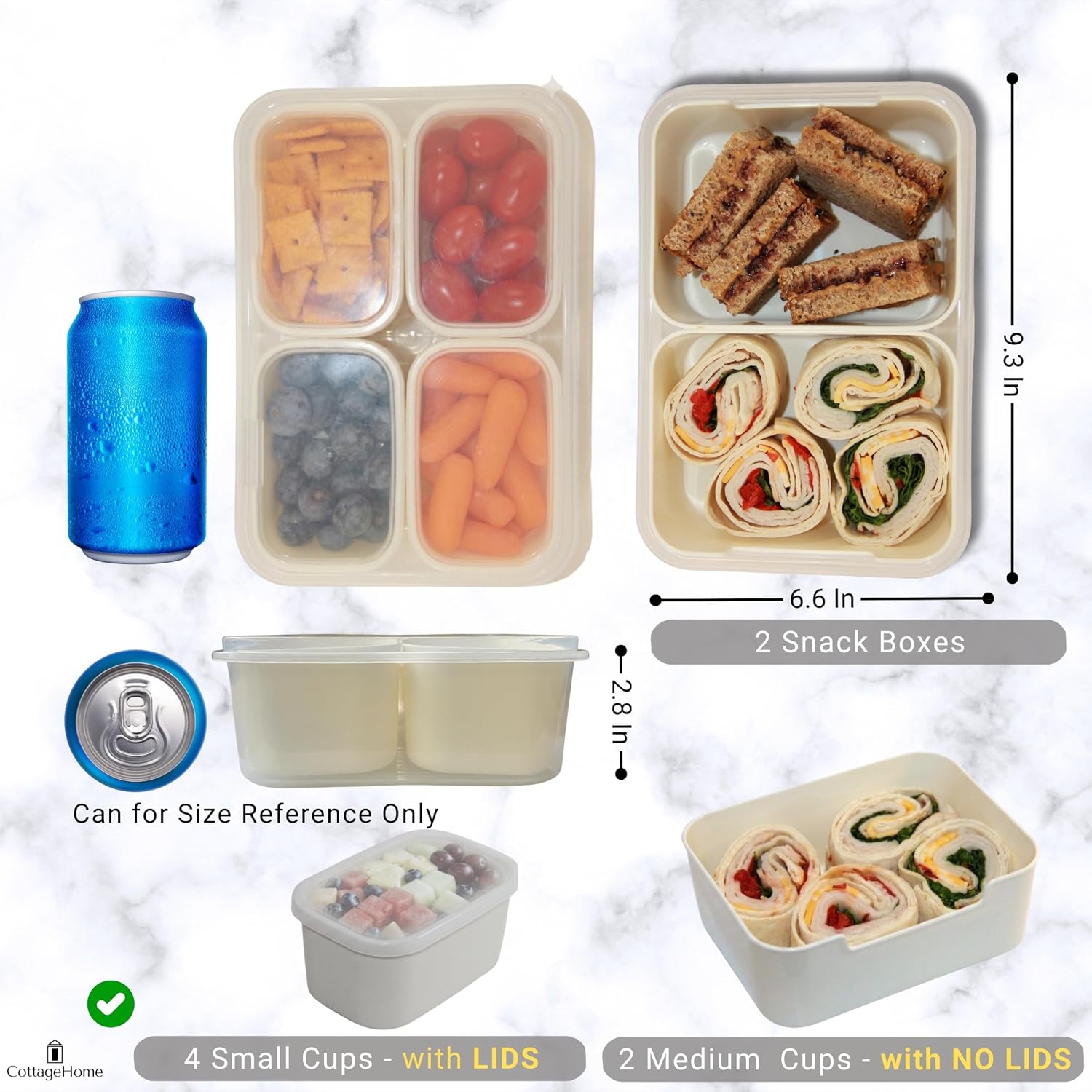 2 Pack Mini Snackle Box Container - 4 Small Containers with Lids + 2 Open Medium Compartments - Divided Serving Tray with Lid for Candy, Fruits, Snacks - Dishwasher Safe