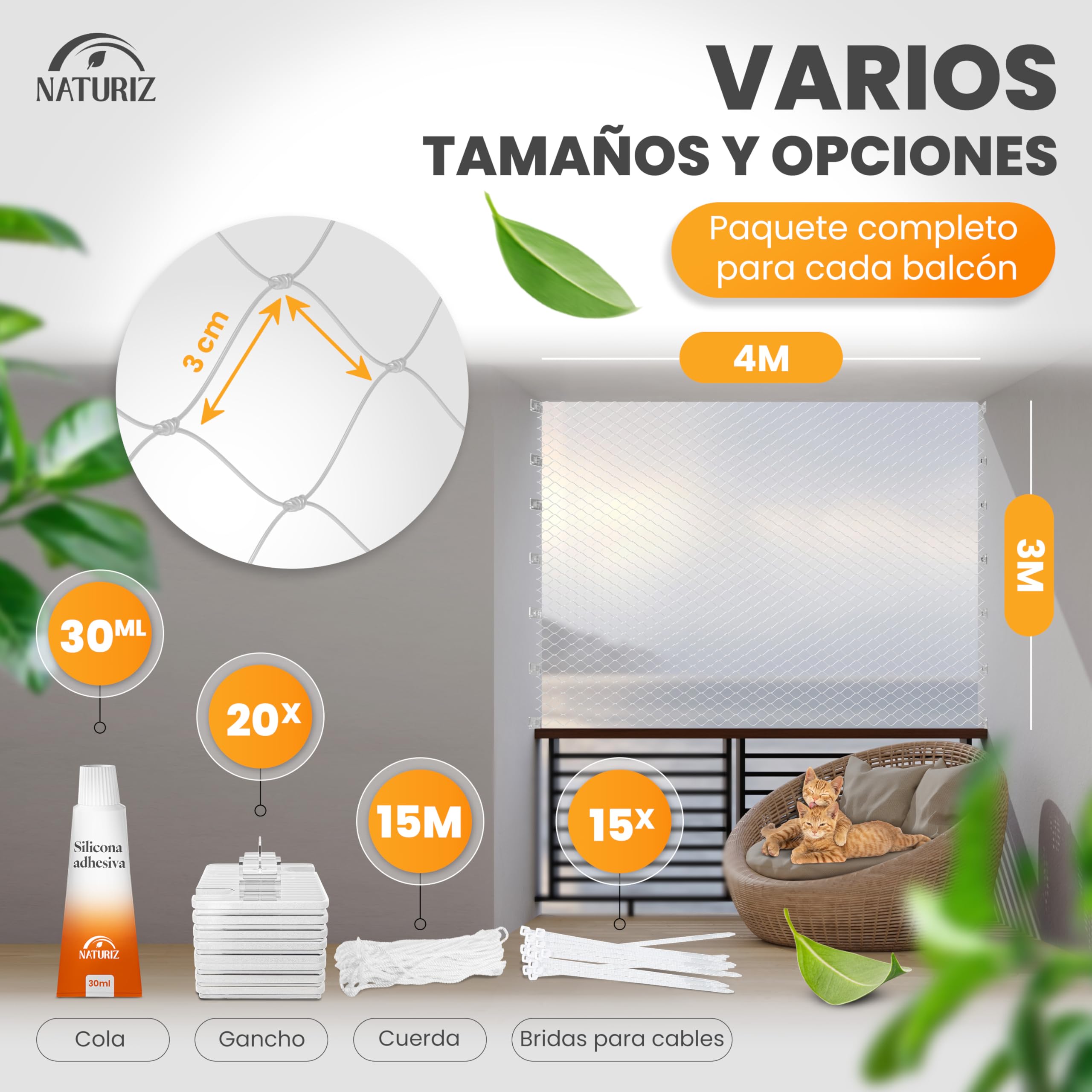 Naturiz Red para gatos para balcón sin taladrar, incluye gancho adhesivo y adhesivo de silicona, red de protección para gatos para balcón y ventana, red para gatos transparente, red para palomas, red