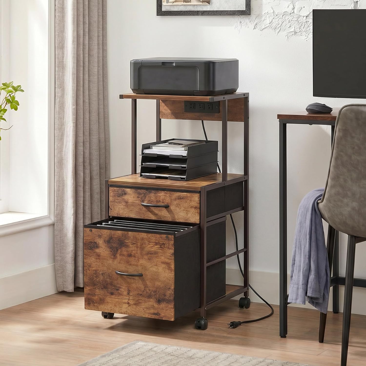 Printer Stand with Charging Station, File Cabinet for Home Office | Vertical Cabinet Structure, Open Storage Shelf, Fabric Drawer, Durable Frame, Multi-Purpose Printer Stand for Home Office