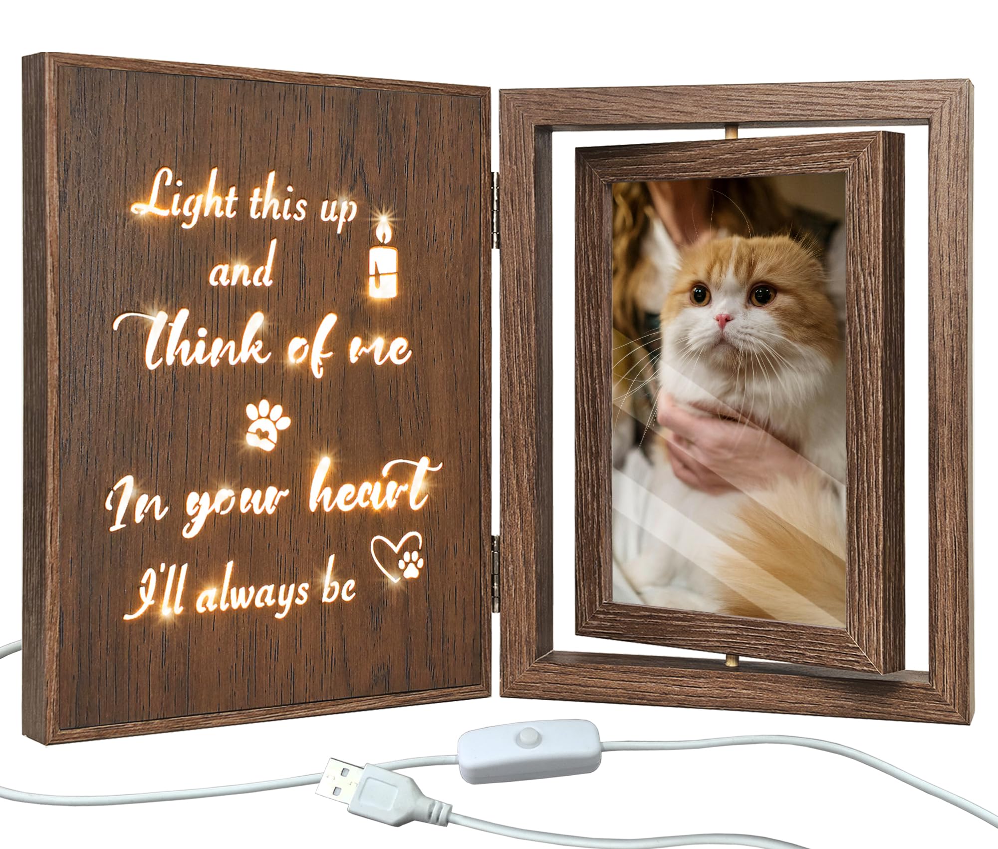 Pet Memorial Light Up Photo Frame, Loss of Dog Cat Bereavement Sympathy Remembrance Gifts, Holds 2 4x6 Photos, Light This Up and Think of Me - In Your Heart I'll Always Be