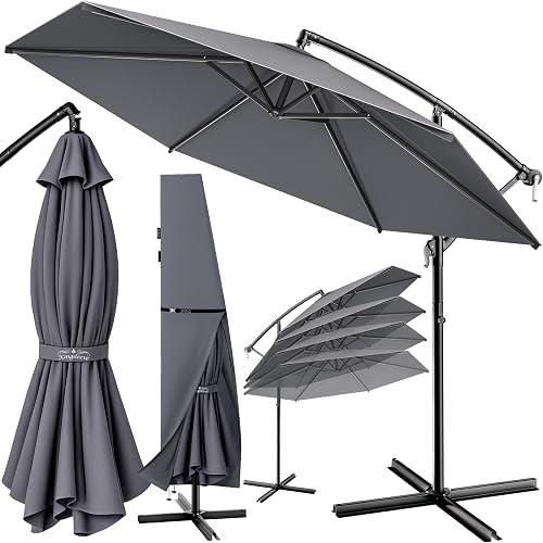 Kingsleeve® Sonnenschirm UV Schutz 80+ Ø 300 cm Groß mit Ständer Schutzhülle Windsicherung Neigbar Rund Kurbel Garten Balkon Ampelschirm Anthrazit
