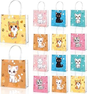 12Pcs Cat Clear PVC Gift Bags with Handle Cat Goodie Plastic Gift Bags Reusable Plastic Wrap Tote Bag Transparent for Cats Pet Treat Birthday Wedding Party Favors Supplies