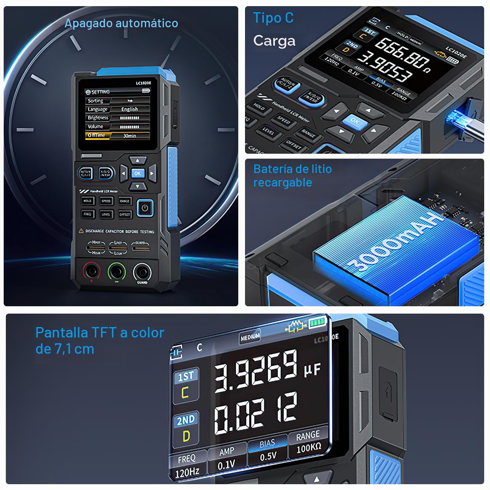 DEWIN Medidor Digital LCR ESR Portátil Puente Tester para Resistencia Capacitancia Inductancia Medición, Medidor LCR con Identificación Automática, Registro de Datos y Eliminación de no Linealidad