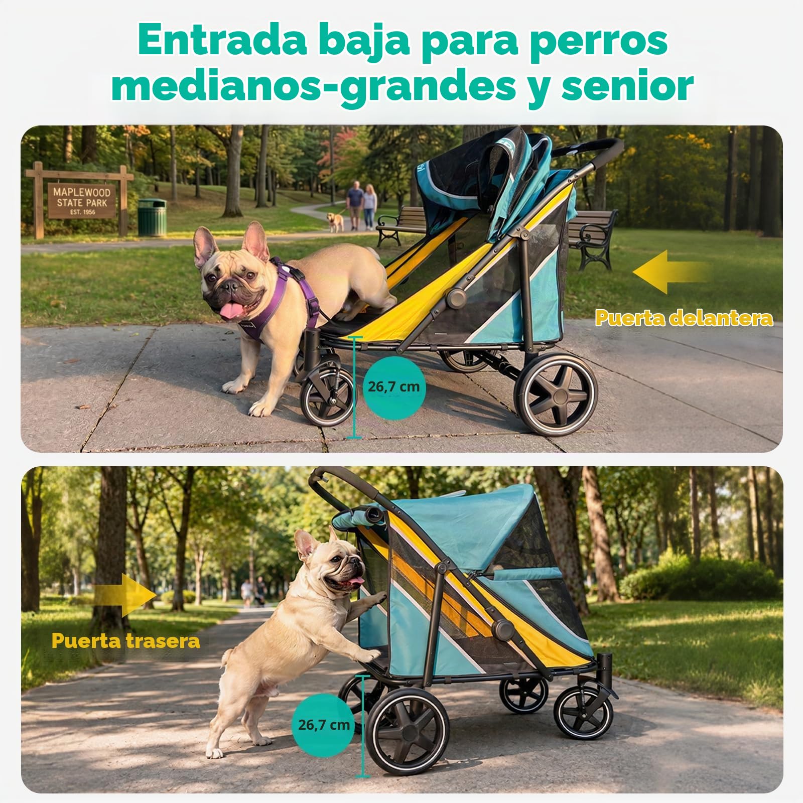 Petbobi Cochecito para perros de gran tamaño, carro para perros fácil de plegar con doble entrada, freno de un pie, malla grande transpirable y techo corredizo, cochecito todo terreno para perros
