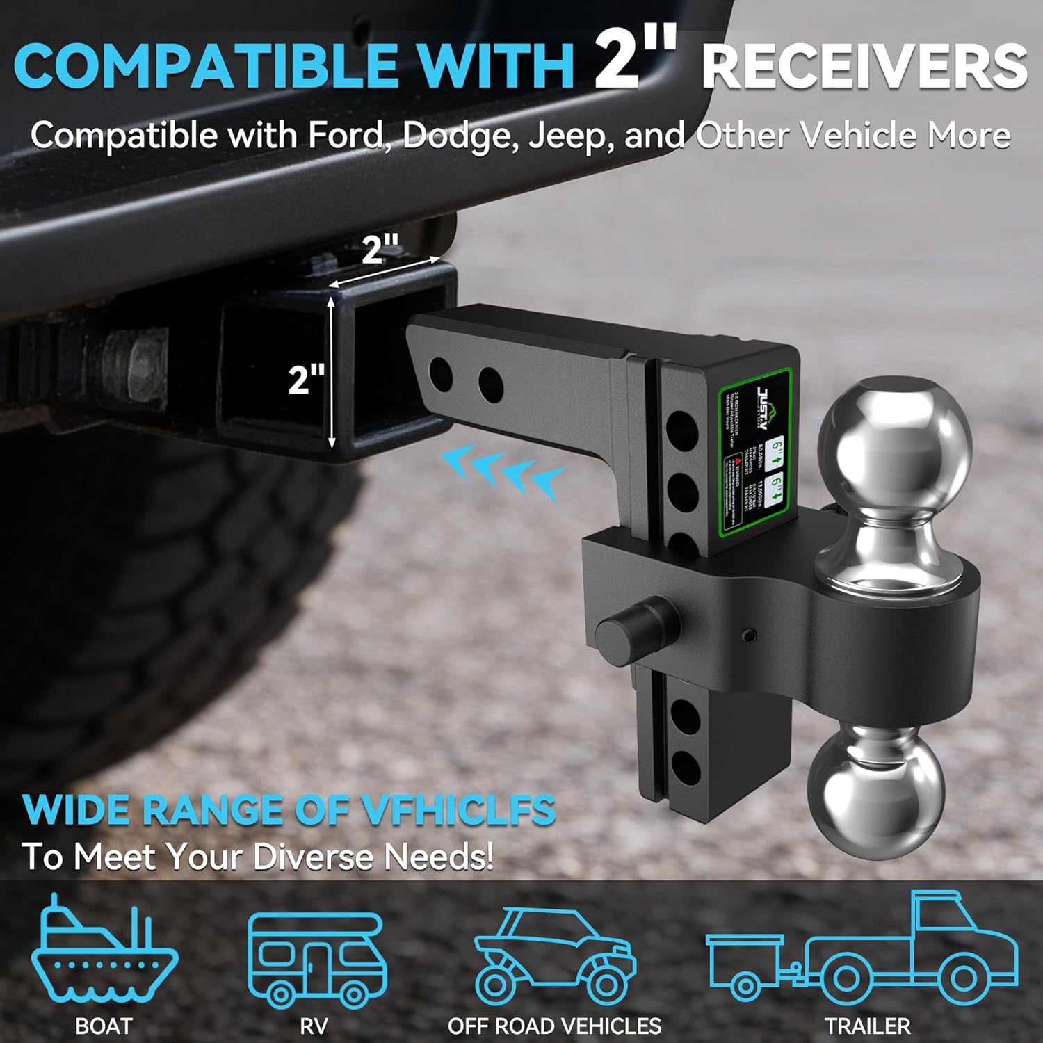 Just-V Drop Hitch - Aluminum 2 Inch Hitch, Adjustable Trailer Hitch for 2" Receiver, 21500 LBS GTW, Heavy Duty Tow Hitch with 6" Drop/Rise Dual Balls (2" & 2-5/16") for Truck Black