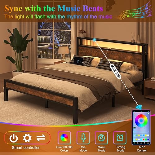 Miniatura 4 de Queen Size Bed Frame with Charging Station and LED Lights, Metal Platform Bed with 2-Tier Storage Headboard, Noise Free, No Box Spring Needed, Easy