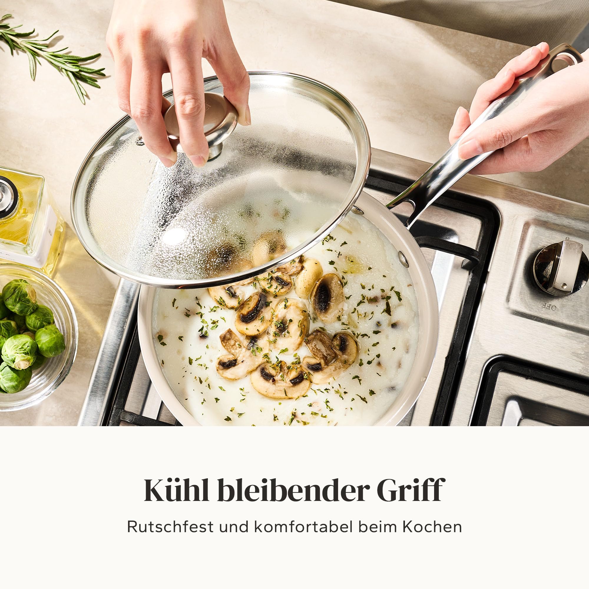 Redchef Keramik Kochtopfset, Topfset Induktion 6-teilig mit Glasdeckel, Kochtöpfen 24 cm, Kasserolle 18 cm, 20 cm für alle Herdarten & Backofenfest, Induktionsgeeignet (Beige)