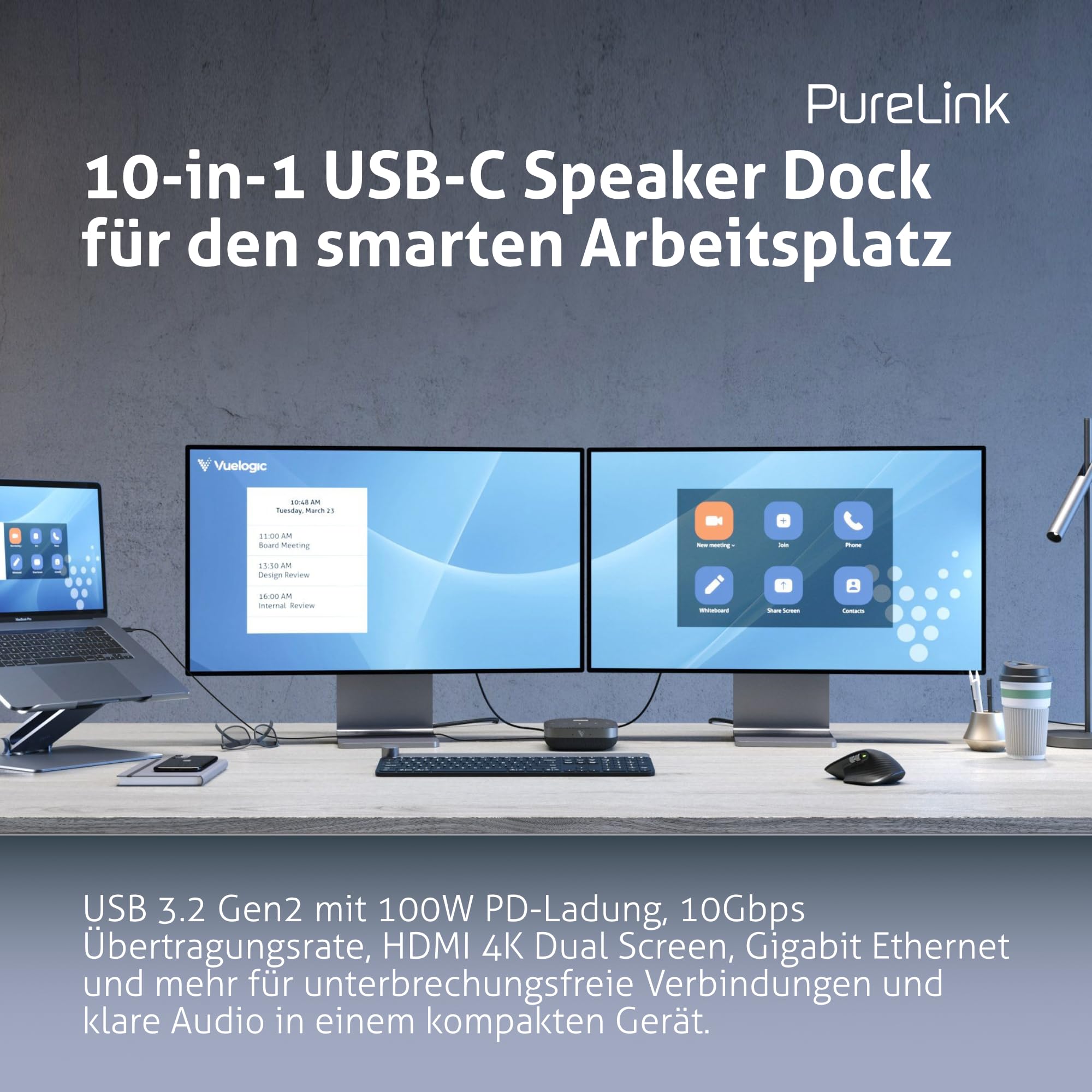 Vuelogic - Docking station USB C, 10 in 1, multifunzione per laptop, docking station portatile 2 monitor 4K, HDMI Hub, PD Power Delivery, altoparlante audio microfono, Ethernet, LAN, nero