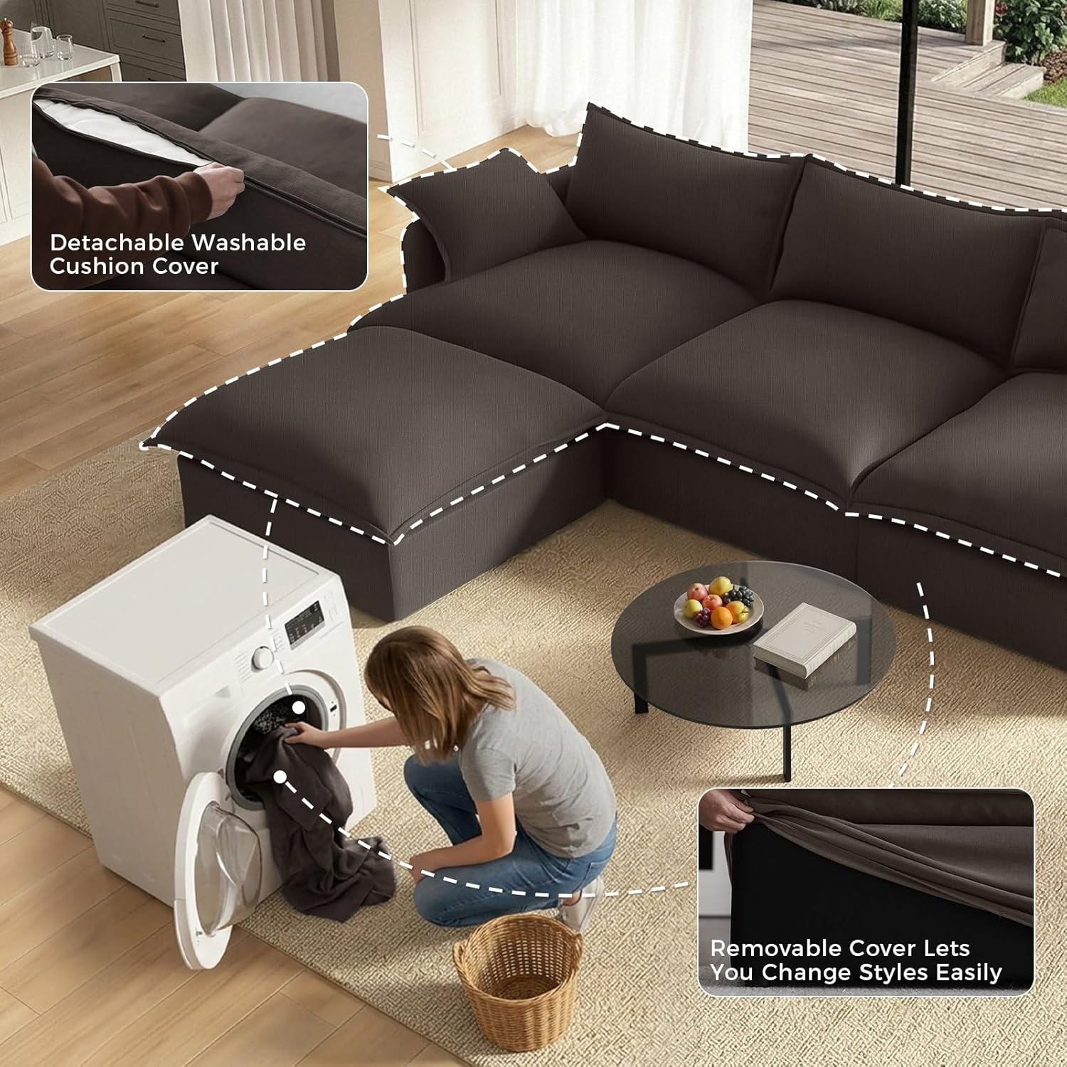 Cloud Sectional Middle Seat Sofa,Modular Couch Armless Sofa,Down Filled Convertible Living Room Sets Sofa,Covers Washable & Replaceable,Coffee