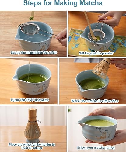 Miniatura 7 de Juego de batidor de matcha, juego de matcha japonés de 7 piezas con cuenco de matcha (chawan), batidor y soporte de matcha, cuchara de bambú,