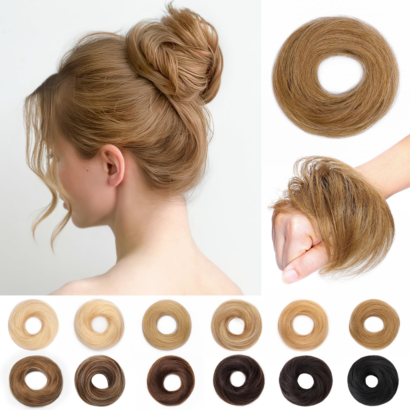 SEGO Pro Real Human Hair Messy Bun Scrunchie, Donut Bun Hair Piece for Women - Straight, 12# Golden Brown, Pack of 1