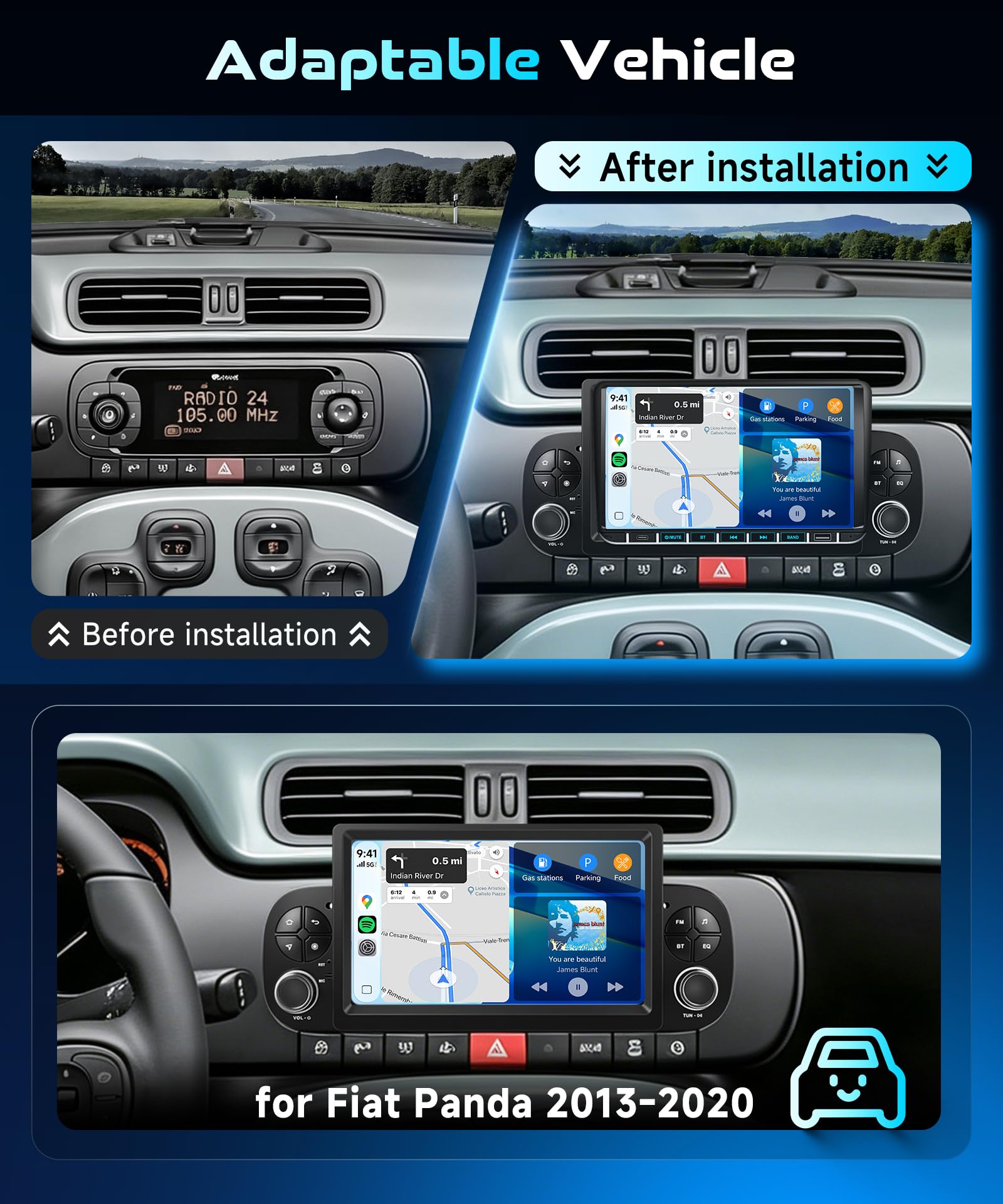 4+64G Radio de Coche para Fiat Panda 2013-2020 con Inalámbrica Carplay Android Auto Bluetooth, Motorsi Reproductor Multimedia con GPS Navegación/WiFi/Bluetooth/RDS/FM/SWC+Cámara Visión Trasera