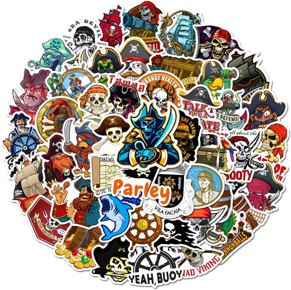 50Pcs Pirate Stickers for Kids Teens Boys Girls Gift,Pirate Stickers Pack for Laptop,Skateboard Luggage Car Bike Cup Computer Water Bottle Decor,Aesthetic Vinyl Waterproof Sticker Decal