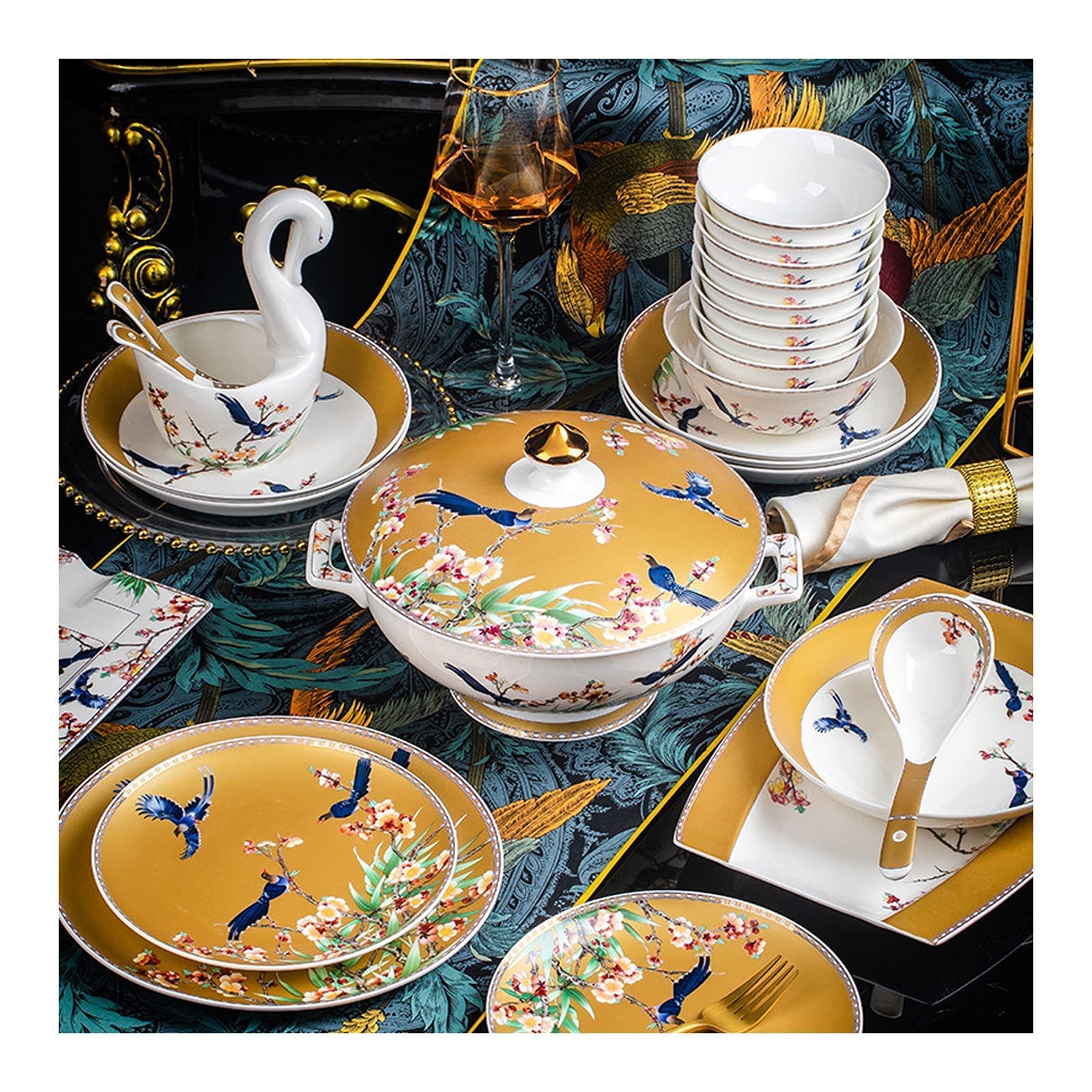 Zestaw Ceramicznych Naczyń Obiadowych W Stylu Retro, Piękny Zestaw Z Porcelany W Kolorze Złotym I Białym, Idealny Na Domowe Przyjęcie, Wesele, Hotel, Boże Narodzenie