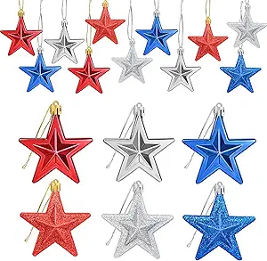 24Pcs 4th of July Patriotic Star Ornaments - Fourth of July Patriotic Decorations - Red Blue Silver Star Shaped Baubles Ornament for Home Tree - 4th of July Patriotic Party Home Star Hanging Ornament