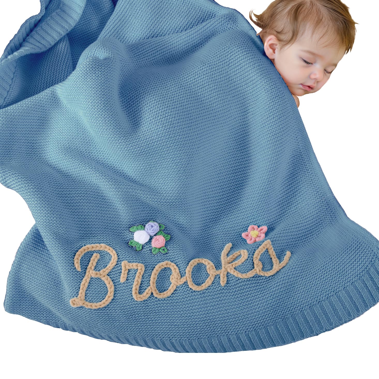 REQTYUI Personalized Baby Blanket for Boys Girls with Hand Embroidered Name Super Soft Blanket, Custom Warm Lightweight Baby Receiving Blankets Backing for Toddler Nursery(Lake Blue)